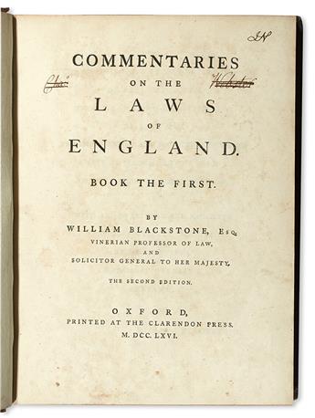 LAW  BLACKSTONE, WILLIAM, Sir. Commentaries on the Laws of England.  4 vols.  1766-68-68-69